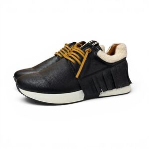 Shu Shop Black Pebbled Leather Fringe Sneakers Shearling Trim Laced Womens 8‎